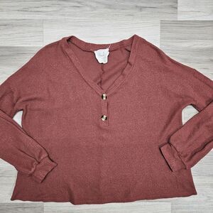 FANTASTIC FAWN Womens Rust Orange Waffle Knit Henley Oversized Sweater Medium